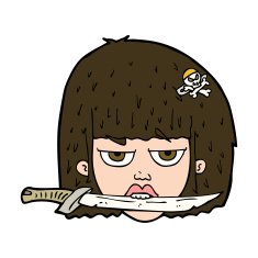 cartoon woman holding knife between teeth N11