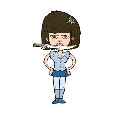 cartoon woman with knife between teeth N43