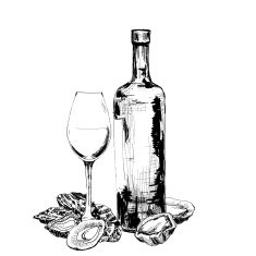 Bottle of wine oysters and glass