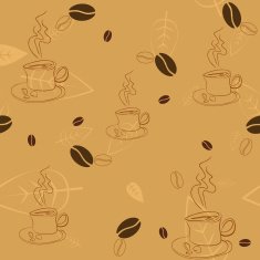 Seamless pattern with coffee beans cups and leaves