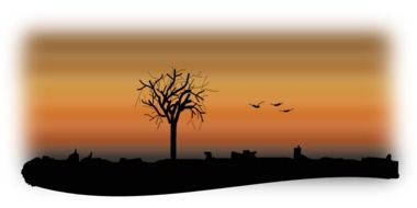clipart of silhouettes of a tree and flying birds at sunset