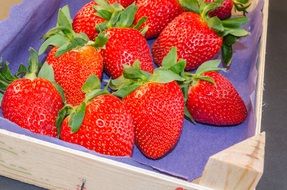 Ripe strawberries in a wooden box