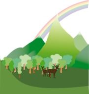 drawing of a forest with trees and a rainbow