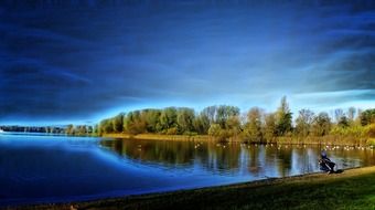 panorama of a forest lake under a bright blue sky