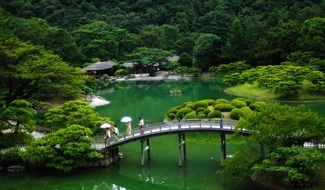 People on the bridge in the Japanese garden