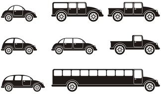 Black and white isolated symbols of different cars