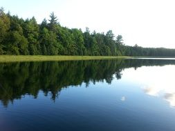 reflection of the green coastline in the lake