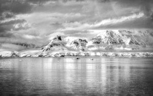 scenic snowy mountains at ocean, black and white, antarctica