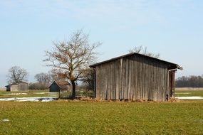 old wooden barns on meadow