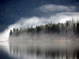 landscape of misty lake and canim lake coast