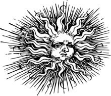 sun with human face, antique drawing