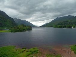 scenic mountain lake at cloudy evening, uk, scotland, loch shiel