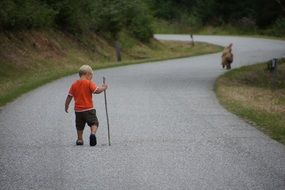 child with a stick on the road