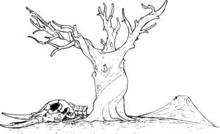 drawing of a skull near a tree in line art