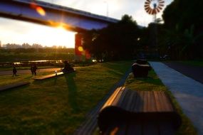 evening sun wooden bench view