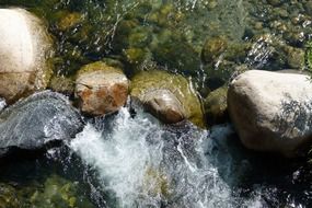 Close-up of running water among large stones