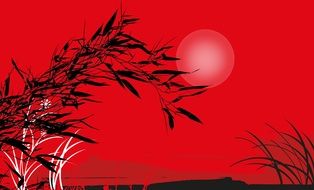 red landscape with bamboo and sun