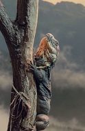 black iguana on a tree trunk close up