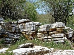 natural stone wall on a summer day