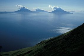 chain of islands with active volcanoes, alaska