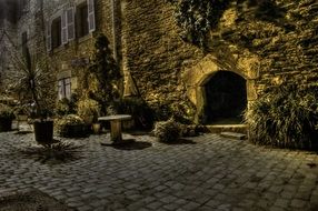 medieval building facade in night