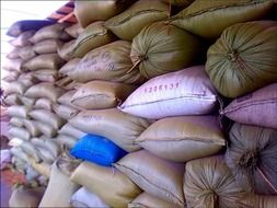 storage of rice in sacks close-up