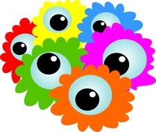 multi-colored cartoon flowers with eyes