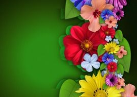 abstraction of different flowers on a green background