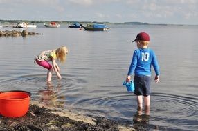 children plays in water at coast