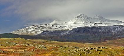 distant view of the snow-capped mountains in iceland