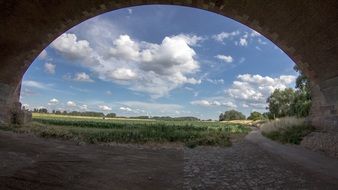 panorama of green field, view from under the bridge