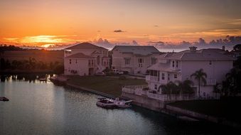 river Kan in city on sunset