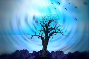 blue digital art of dry tree among rocks