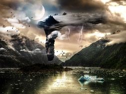 Beautiful landscape mysterious sky over mountains and lake in light