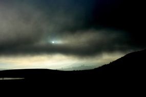 sun in dark clouds above the horizon