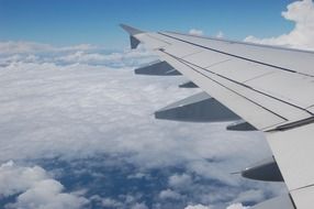 wing of an airplane on a background of white clouds