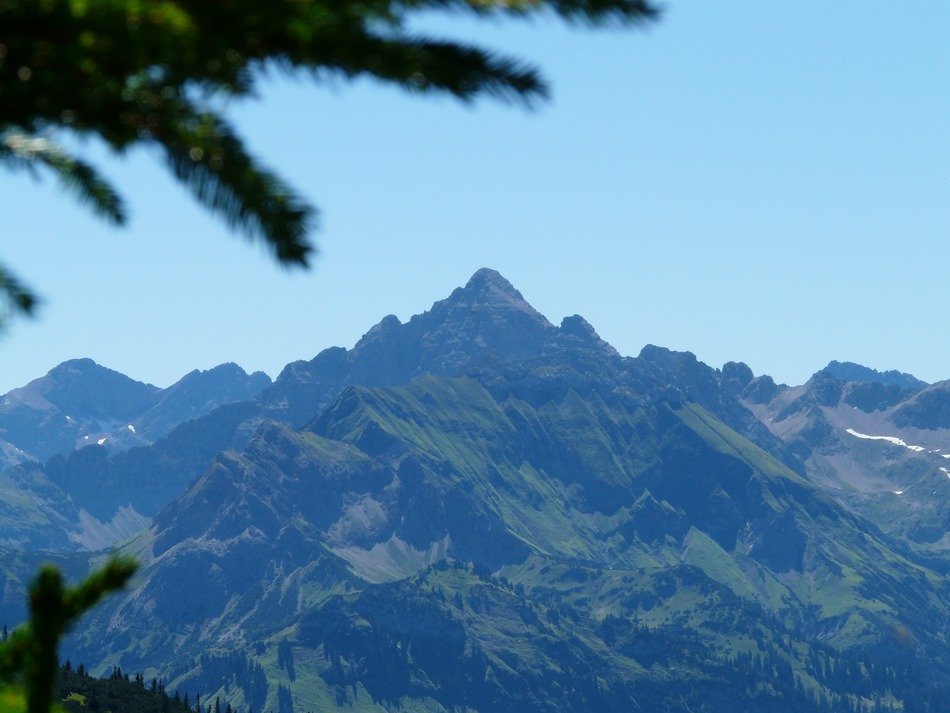 scenic green mountain summit at blue sky, germany, allgÃ¤u