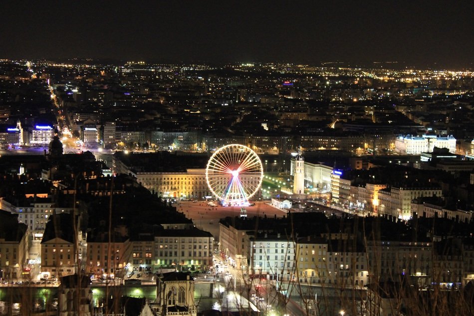 panoramic view of night lyon in france
