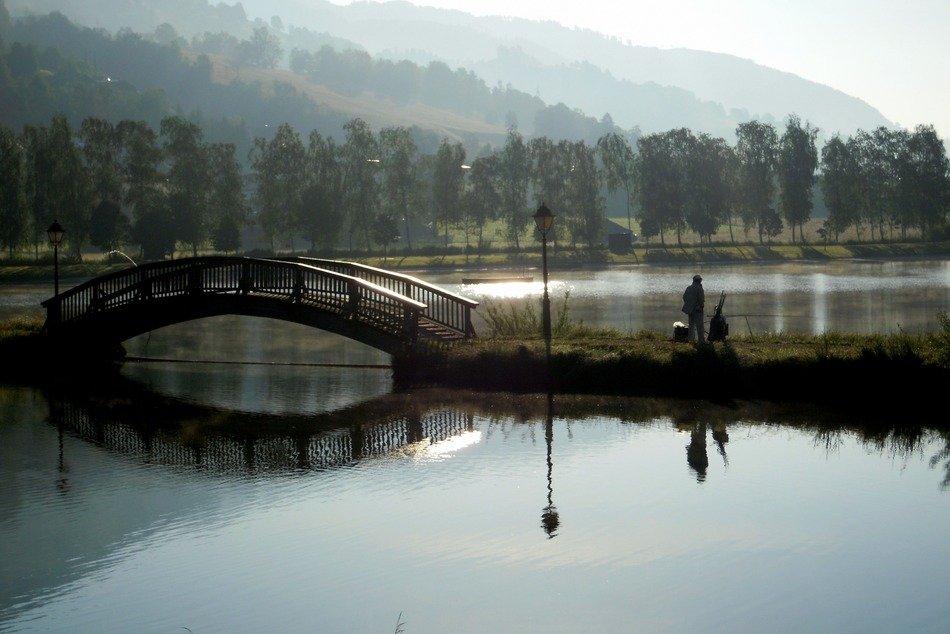bridge on the lake at dusk