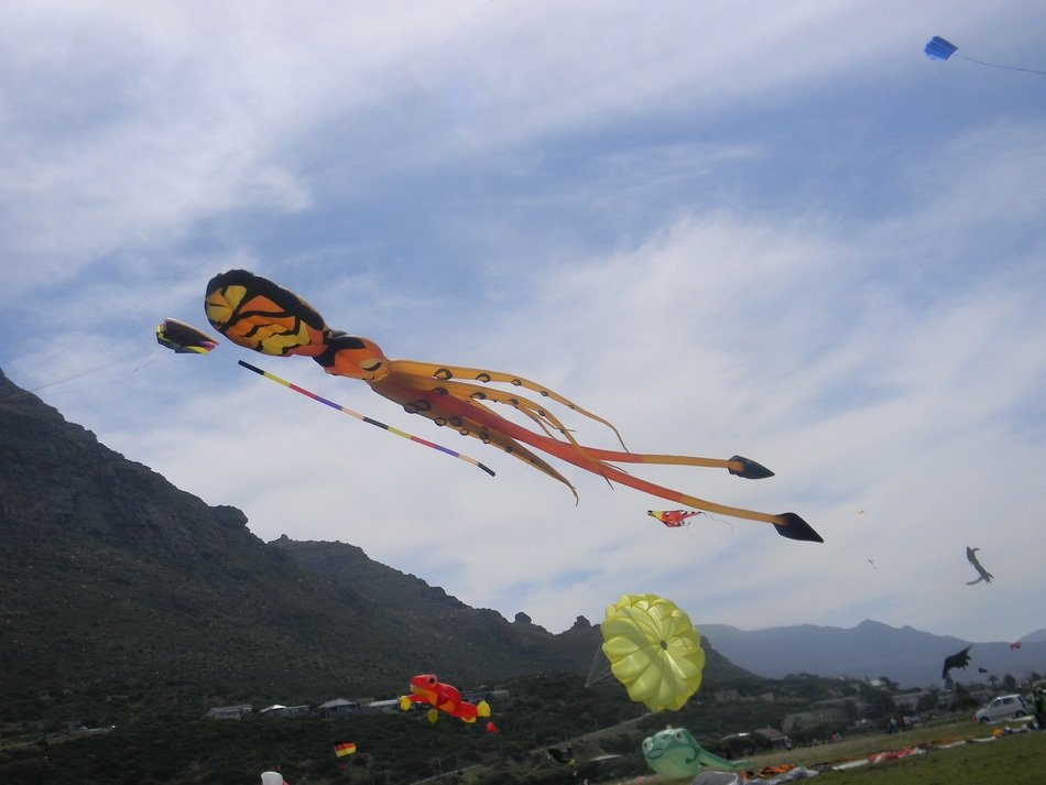 kites in the sky above the mountains