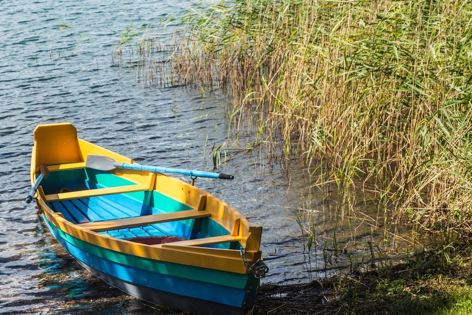 rowing boat on the lake in light and shadow