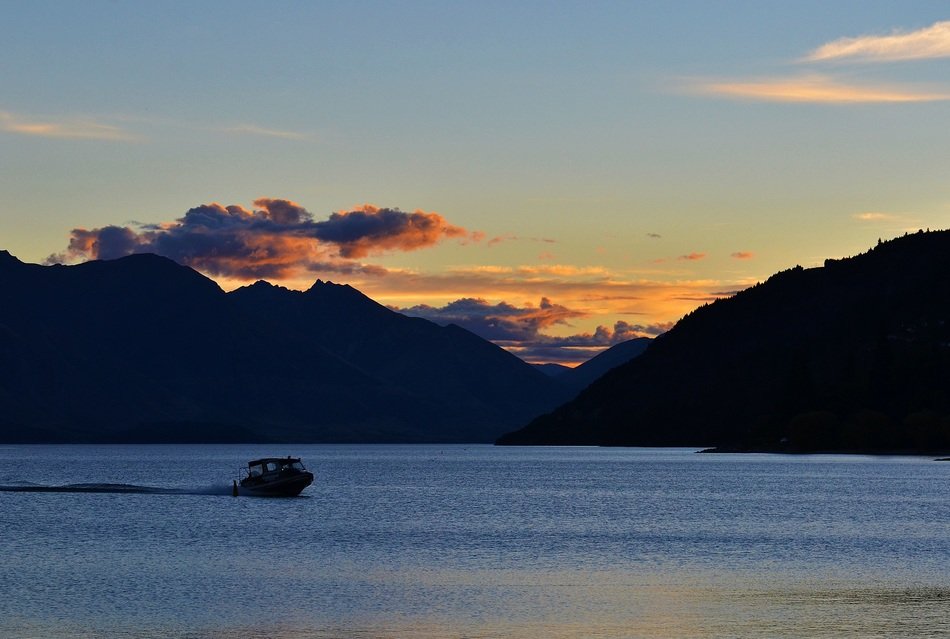 nice sunset over mountains and lake