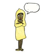 cartoon woman in raincoat with speech bubble