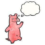 happy waving cartoon pig with thought bubble