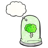cartoon brain in jar with thought bubble