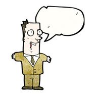 cartoon man in brown suit with speech bubble N3