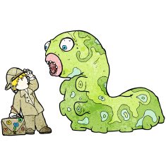 cartoon explorer and giant caterpillar N2