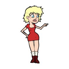 cartoon worried woman in dress pointing N11
