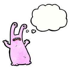 cartoon alien with thought bubble N21