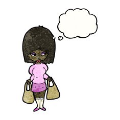 cartoon woman with shopping bags and thought bubble N2